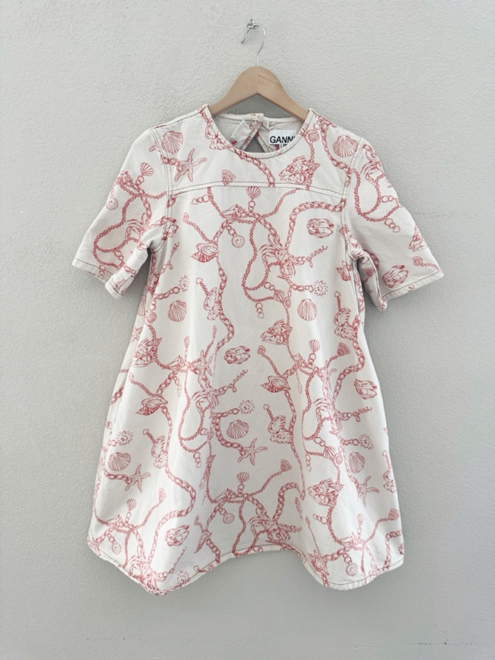 Ganni RARE Lobster Seashell Print Nautical Denim Mini Dress 4 Cream Red Shift - Picture 8 of 16